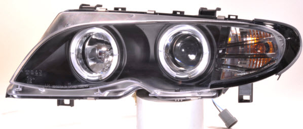 БМВ Е46 фара левая и правая Комплект тюнинг линзованная с 2 светящимися ободками Sonar внутри черная
