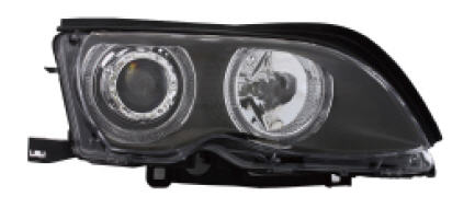 БМВ Е46 фара левая и правая Комплект тюнинг линзованная с 2 светящимися ободками с регулировочным мотором Eagle Eyes внутри черная