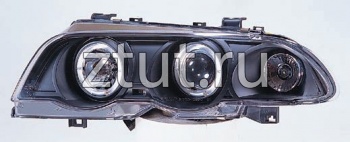 БМВ Е46 фара левая и правая Комплект тюнинг линзованная с 2 светящимися ободками , литой указатель поворота Sonar внутри черная